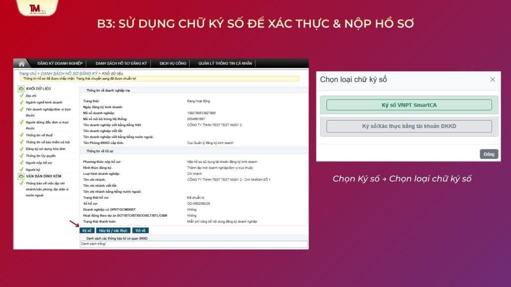 Kiểm tra lần cuối, sau đó sử dụng Chữ ký số để xác thực hồ sơ và nhấn Nộp hồ sơ.