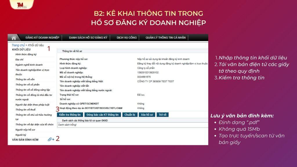 Nhập thông tin đăng ký doanh nghiệp và tải lên các file pdf đã chuẩn bị.