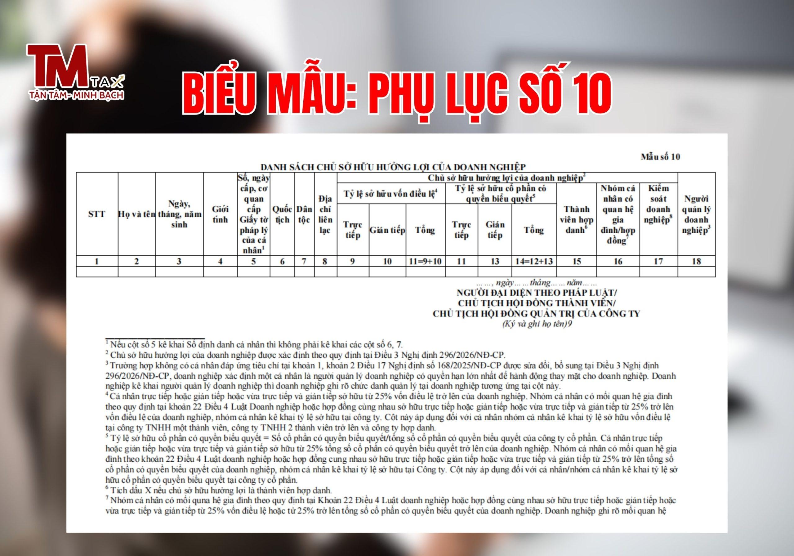 Biểu mẫu Phụ lục số 10 Khai báo chủ sở hữu hưởng lợi