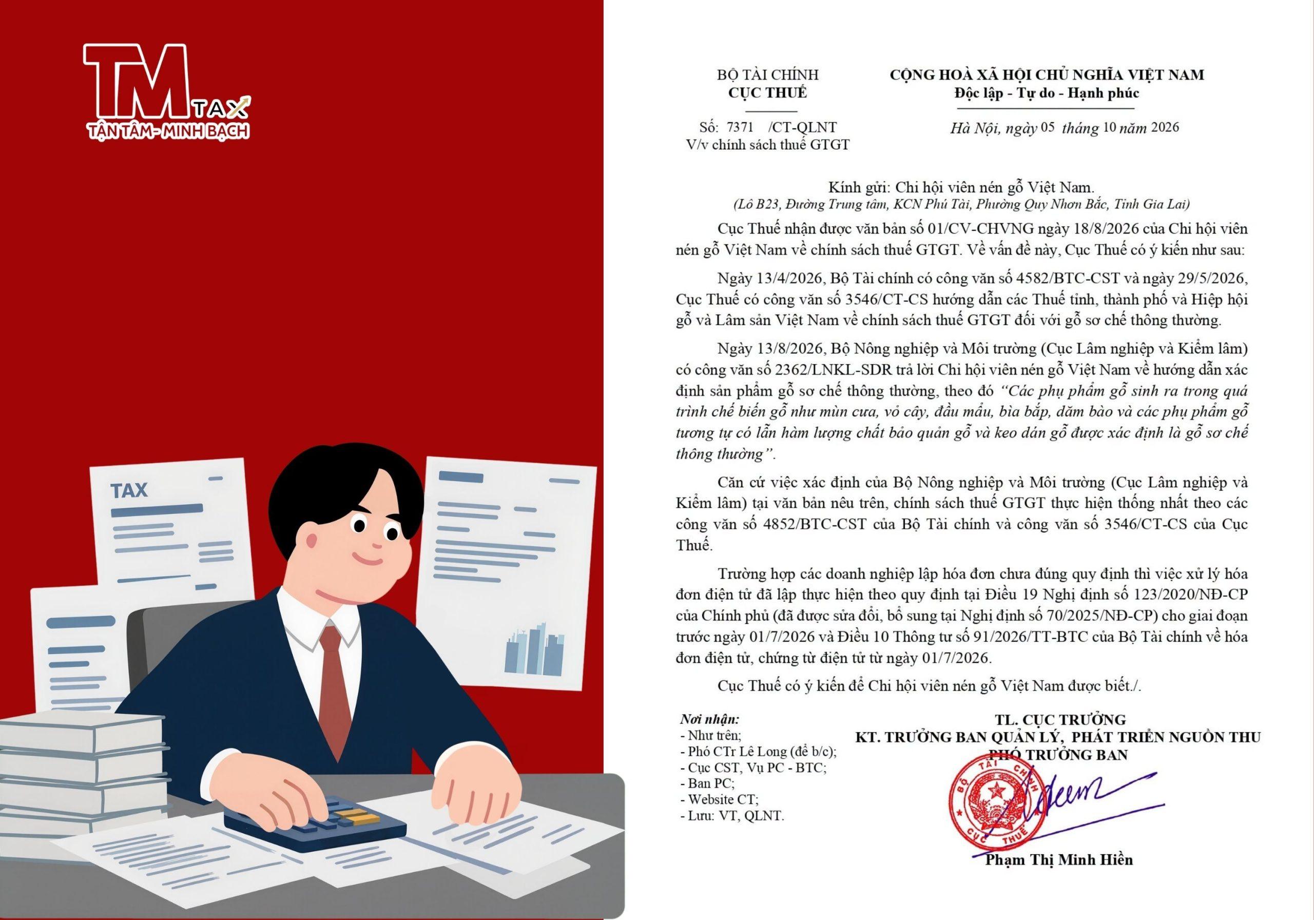 Công văn 7371CT-QLNT Thuế GTGT Phụ Phẩm gỗ